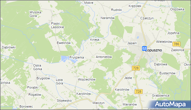 mapa Antonielów gmina Łopuszno, Antonielów gmina Łopuszno na mapie Targeo