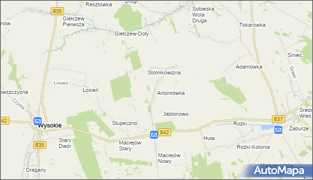 mapa Antoniówka gmina Wysokie, Antoniówka gmina Wysokie na mapie Targeo