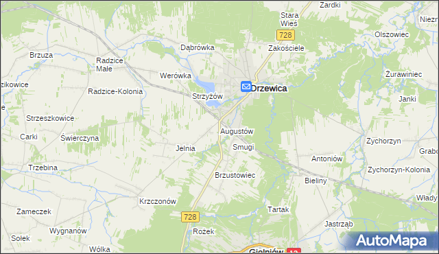 mapa Augustów gmina Drzewica, Augustów gmina Drzewica na mapie Targeo