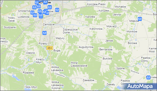 mapa Augustynów gmina Bełchatów, Augustynów gmina Bełchatów na mapie Targeo