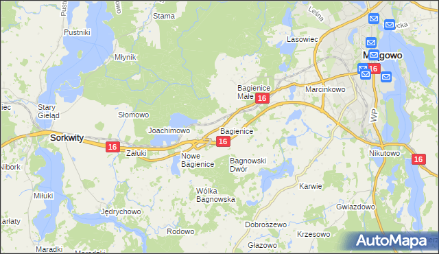 mapa Bagienice gmina Mrągowo, Bagienice gmina Mrągowo na mapie Targeo