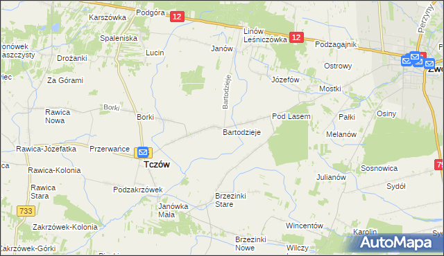 mapa Bartodzieje gmina Tczów, Bartodzieje gmina Tczów na mapie Targeo