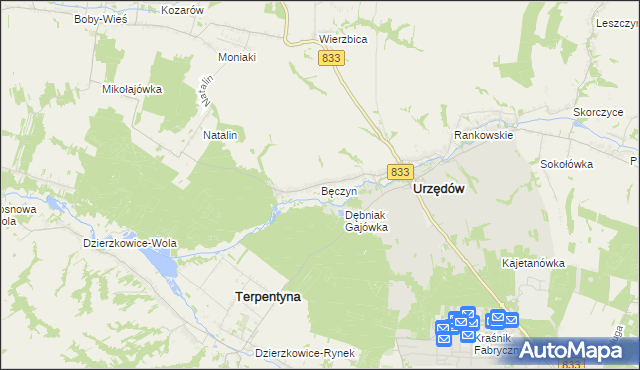 mapa Bęczyn gmina Urzędów, Bęczyn gmina Urzędów na mapie Targeo