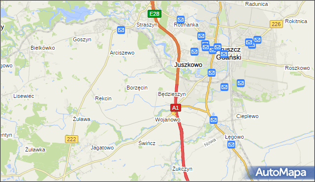 mapa Będzieszyn gmina Pruszcz Gdański, Będzieszyn gmina Pruszcz Gdański na mapie Targeo