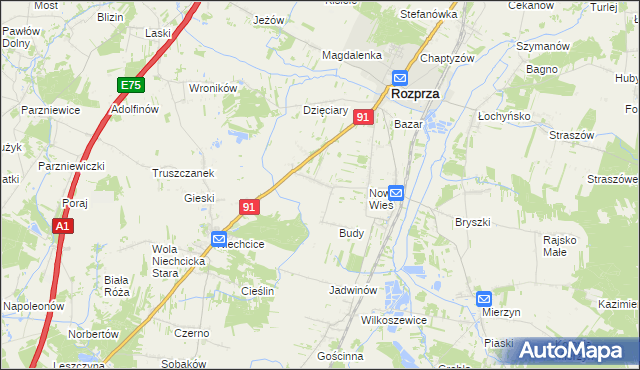 mapa Białocin gmina Rozprza, Białocin gmina Rozprza na mapie Targeo