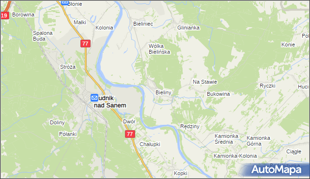 mapa Bieliny gmina Ulanów, Bieliny gmina Ulanów na mapie Targeo