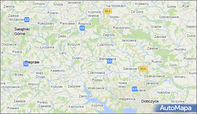 mapa Bieńkowice gmina Dobczyce, Bieńkowice gmina Dobczyce na mapie Targeo