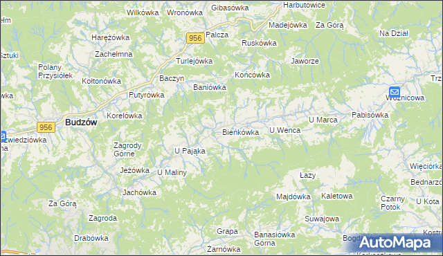 mapa Bieńkówka gmina Budzów, Bieńkówka gmina Budzów na mapie Targeo
