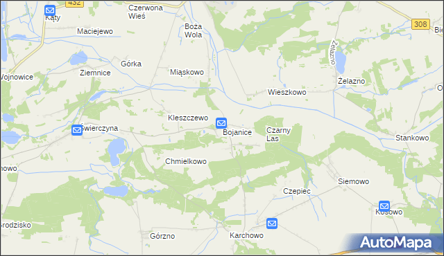 mapa Bojanice gmina Krzemieniewo, Bojanice gmina Krzemieniewo na mapie Targeo