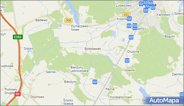 mapa Borkowice gmina Mosina, Borkowice gmina Mosina na mapie Targeo