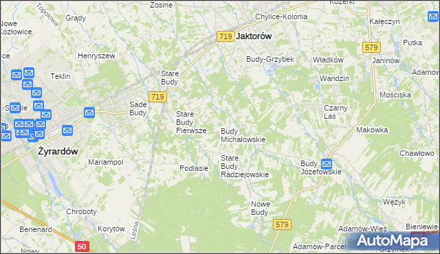 mapa Budy Michałowskie gmina Jaktorów, Budy Michałowskie gmina Jaktorów na mapie Targeo