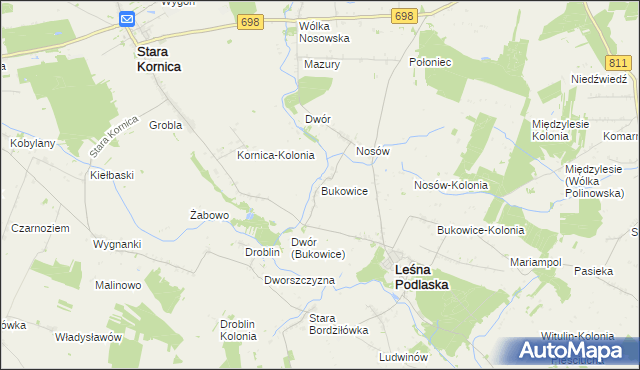 mapa Bukowice gmina Leśna Podlaska, Bukowice gmina Leśna Podlaska na mapie Targeo