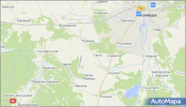 mapa Celiny gmina Lelów, Celiny gmina Lelów na mapie Targeo