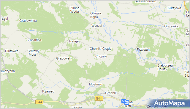 mapa Chojniki gmina Olszewo-Borki, Chojniki gmina Olszewo-Borki na mapie Targeo