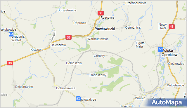 mapa Chrósty gmina Pawłowiczki, Chrósty gmina Pawłowiczki na mapie Targeo