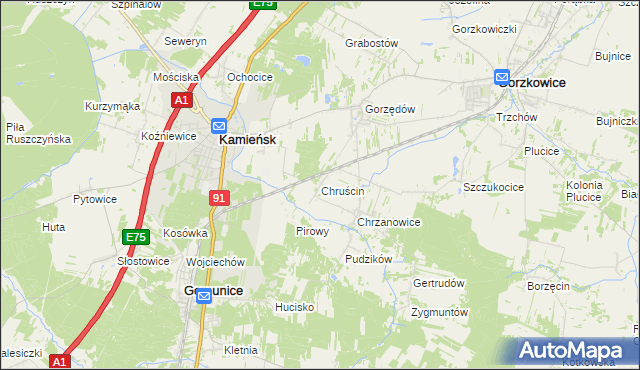 mapa Chruścin gmina Gomunice, Chruścin gmina Gomunice na mapie Targeo