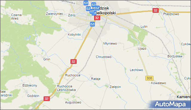 mapa Chrustowo gmina Grodzisk Wielkopolski, Chrustowo gmina Grodzisk Wielkopolski na mapie Targeo