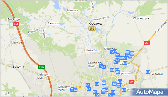 mapa Chwalęcice gmina Kłodawa, Chwalęcice gmina Kłodawa na mapie Targeo