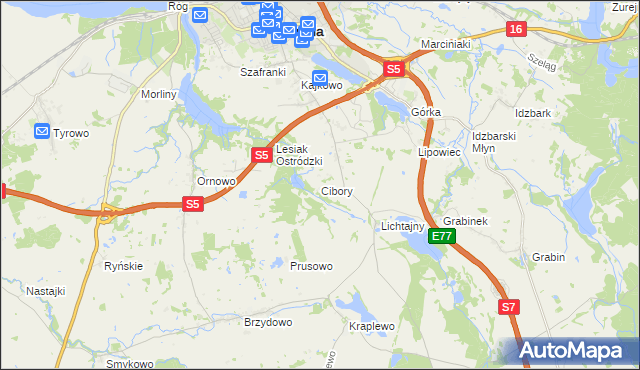 mapa Cibory gmina Ostróda, Cibory gmina Ostróda na mapie Targeo