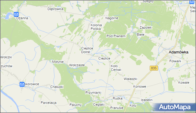 mapa Cieplice gmina Adamówka, Cieplice gmina Adamówka na mapie Targeo
