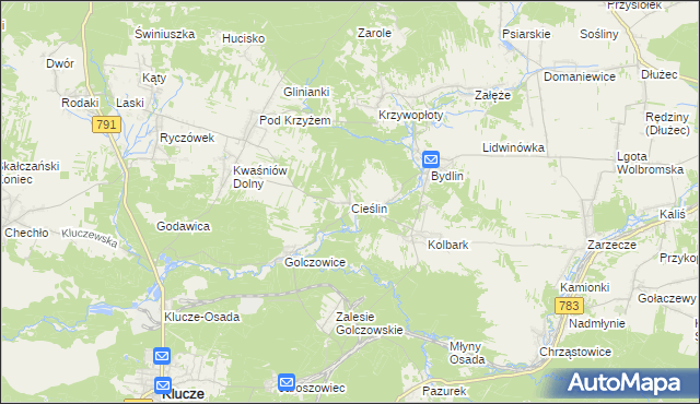 mapa Cieślin gmina Klucze, Cieślin gmina Klucze na mapie Targeo