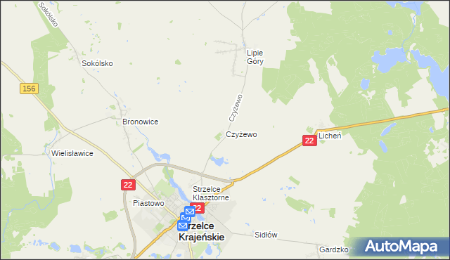 mapa Czyżewo gmina Strzelce Krajeńskie, Czyżewo gmina Strzelce Krajeńskie na mapie Targeo