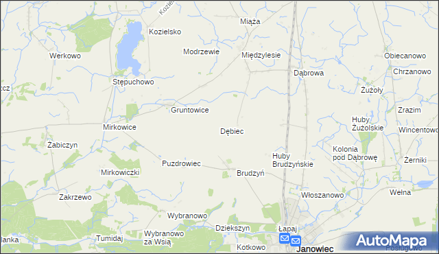 mapa Dębiec gmina Janowiec Wielkopolski, Dębiec gmina Janowiec Wielkopolski na mapie Targeo