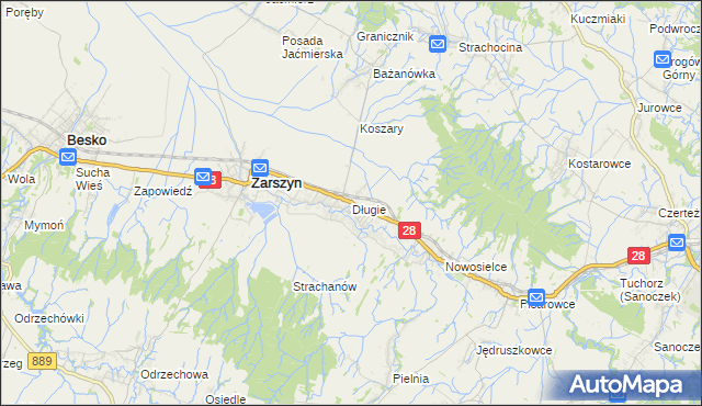 mapa Długie gmina Zarszyn, Długie gmina Zarszyn na mapie Targeo