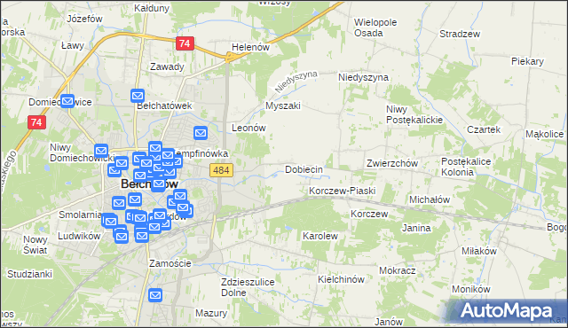 mapa Dobiecin gmina Bełchatów, Dobiecin gmina Bełchatów na mapie Targeo