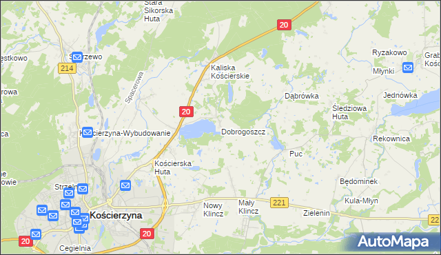 mapa Dobrogoszcz gmina Kościerzyna, Dobrogoszcz gmina Kościerzyna na mapie Targeo