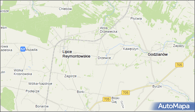 mapa Drzewce gmina Lipce Reymontowskie, Drzewce gmina Lipce Reymontowskie na mapie Targeo