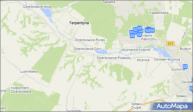 mapa Dzierzkowice-Podwody, Dzierzkowice-Podwody na mapie Targeo