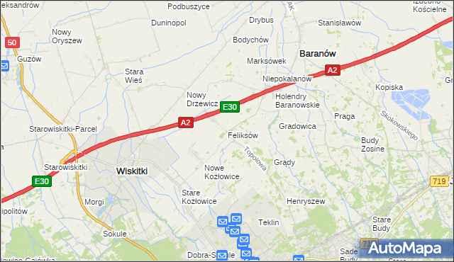 mapa Feliksów gmina Wiskitki, Feliksów gmina Wiskitki na mapie Targeo