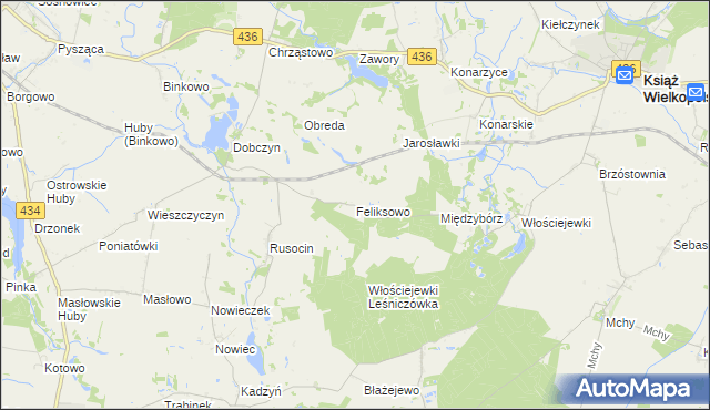mapa Feliksowo gmina Książ Wielkopolski, Feliksowo gmina Książ Wielkopolski na mapie Targeo