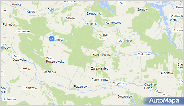 mapa Franciszków gmina Lutomiersk, Franciszków gmina Lutomiersk na mapie Targeo