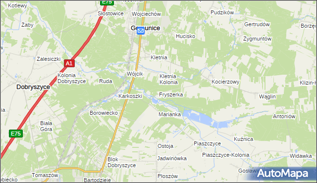 mapa Fryszerka gmina Gomunice, Fryszerka gmina Gomunice na mapie Targeo