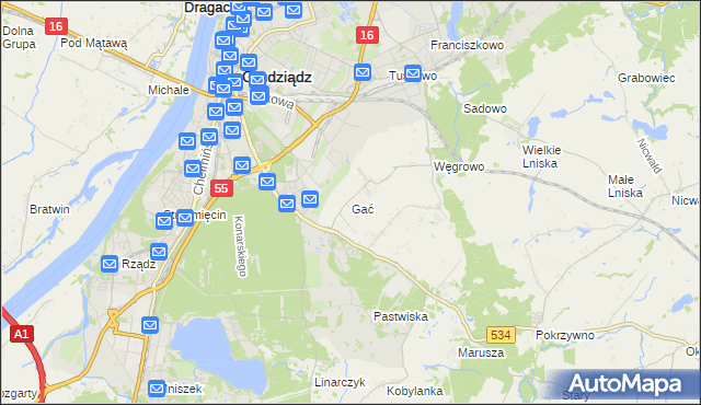 mapa Gać gmina Grudziądz, Gać gmina Grudziądz na mapie Targeo