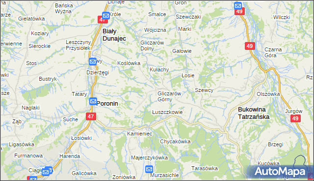 mapa Gliczarów Górny, Gliczarów Górny na mapie Targeo