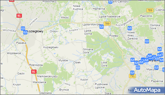 mapa Gliniana Góra gmina Koziegłowy, Gliniana Góra gmina Koziegłowy na mapie Targeo