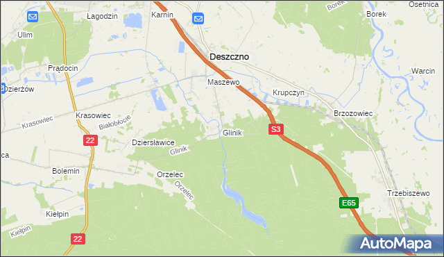 mapa Glinik gmina Deszczno, Glinik gmina Deszczno na mapie Targeo