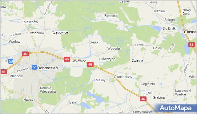 mapa Główczyce gmina Dobrodzień, Główczyce gmina Dobrodzień na mapie Targeo