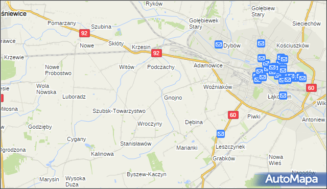 mapa Gnojno gmina Kutno, Gnojno gmina Kutno na mapie Targeo