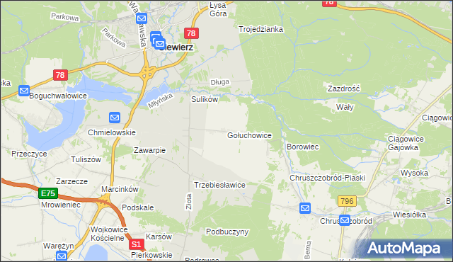 mapa Gołuchowice gmina Siewierz, Gołuchowice gmina Siewierz na mapie Targeo