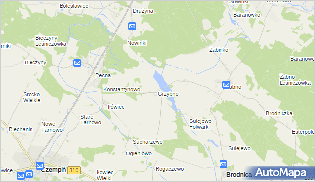 mapa Grzybno gmina Brodnica, Grzybno gmina Brodnica na mapie Targeo