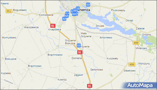 mapa Grzywna gmina Chełmża, Grzywna gmina Chełmża na mapie Targeo