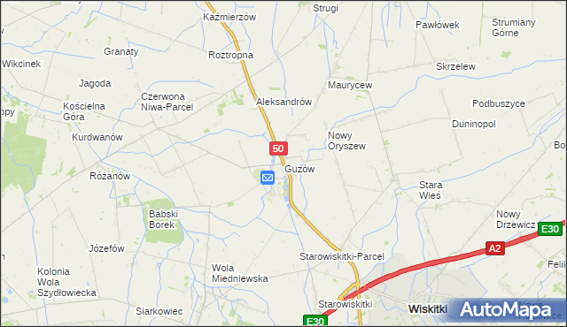 mapa Guzów gmina Wiskitki, Guzów gmina Wiskitki na mapie Targeo