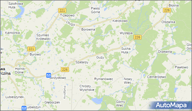 mapa Guzy gmina Nowa Karczma, Guzy gmina Nowa Karczma na mapie Targeo