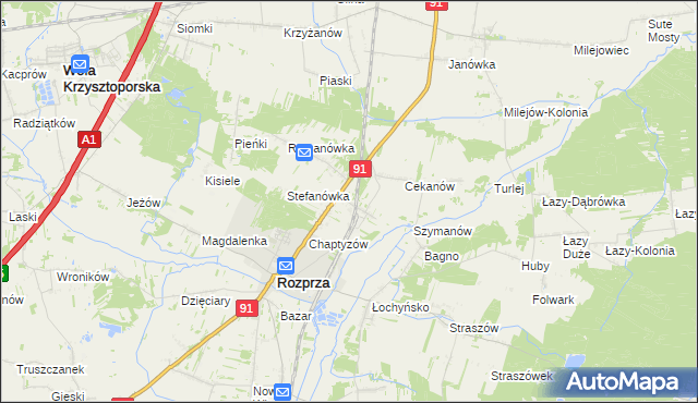 mapa Ignaców gmina Rozprza, Ignaców gmina Rozprza na mapie Targeo