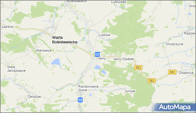 mapa Iwiny gmina Warta Bolesławiecka, Iwiny gmina Warta Bolesławiecka na mapie Targeo