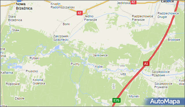 mapa Jankowice gmina Ładzice, Jankowice gmina Ładzice na mapie Targeo